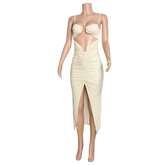 CAMILA COELHO Yasmeen Cut-Out Ring Detail Soft Jersey Midi Dress, Beige, Small - Picture 7 of 12